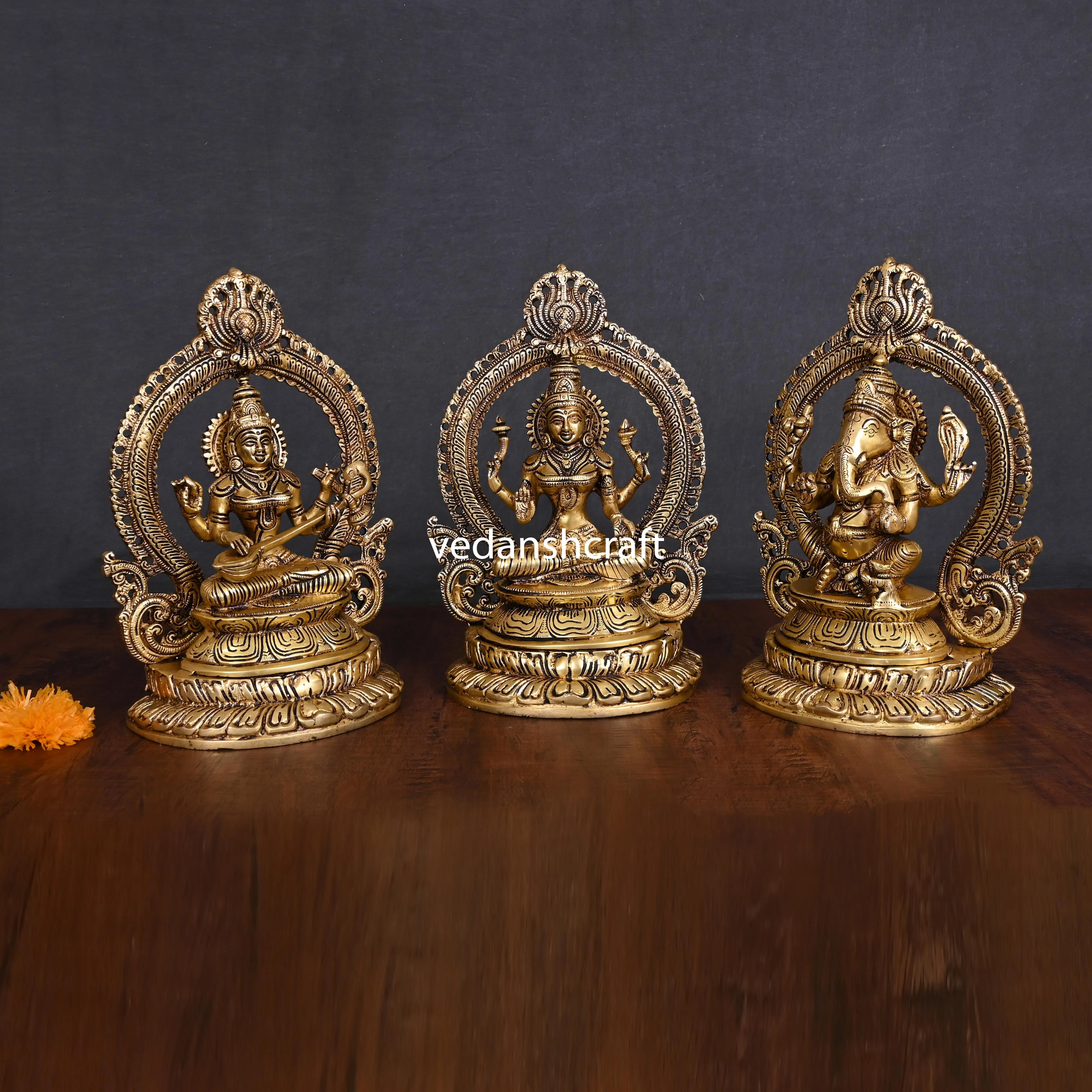 Brass Sitting Ganesha Lakshmi Saraswati Set (11.2") - Image 3
