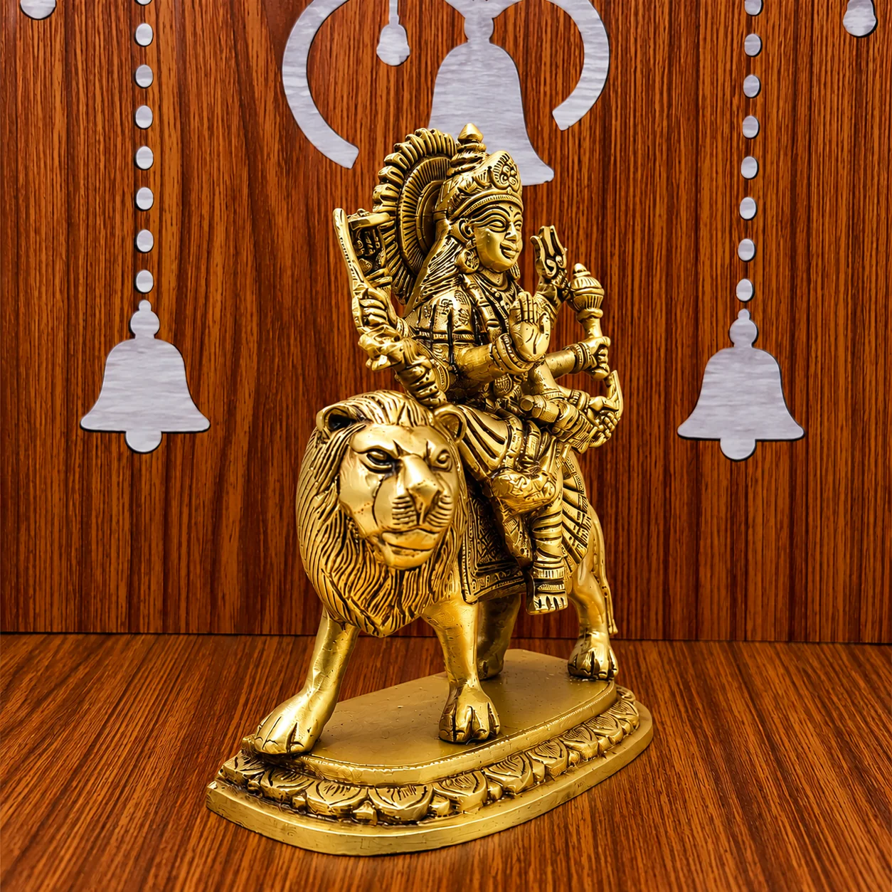 Brass Goddess Durga Sitting on Lion Statue (8.5 Inch) - Image 6