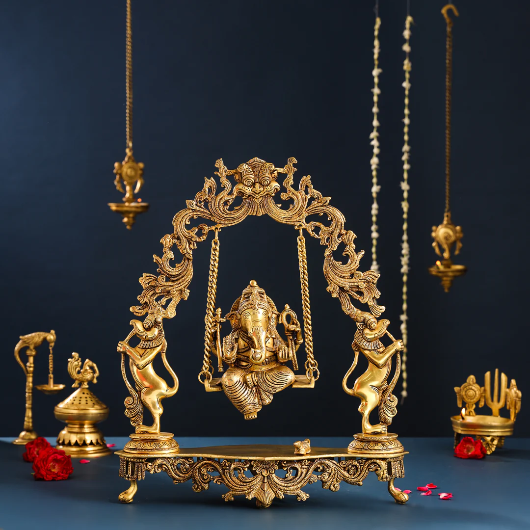 Brass Superfine Sitting Ganesha On Swing/Jhula (18.5 Inch) - Image 4