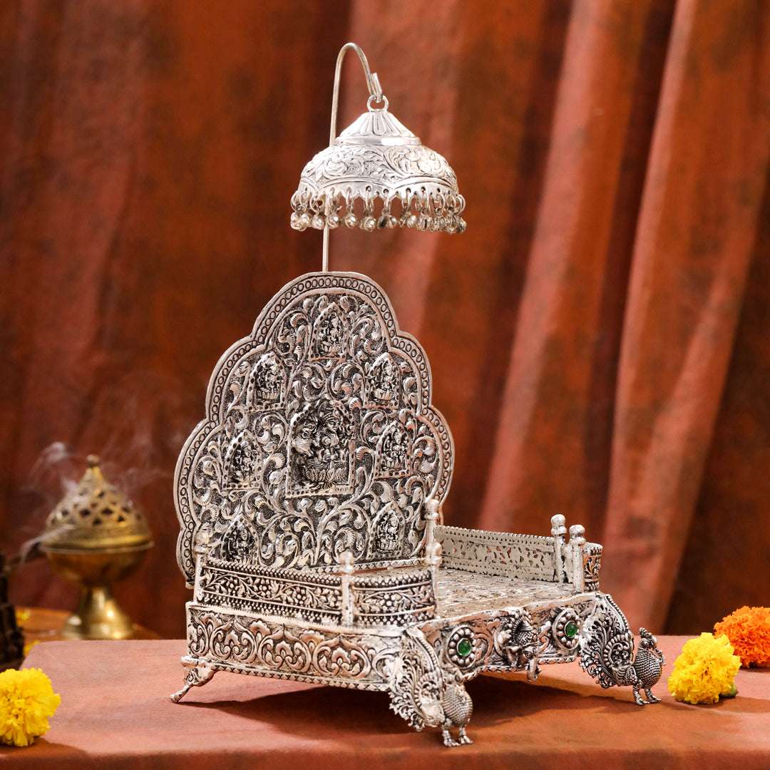 Brass Silver Plated Ashtalakshmi / Ganesha Singhasan with Dome for Laddu Gopal (14 Inch) - Image 2