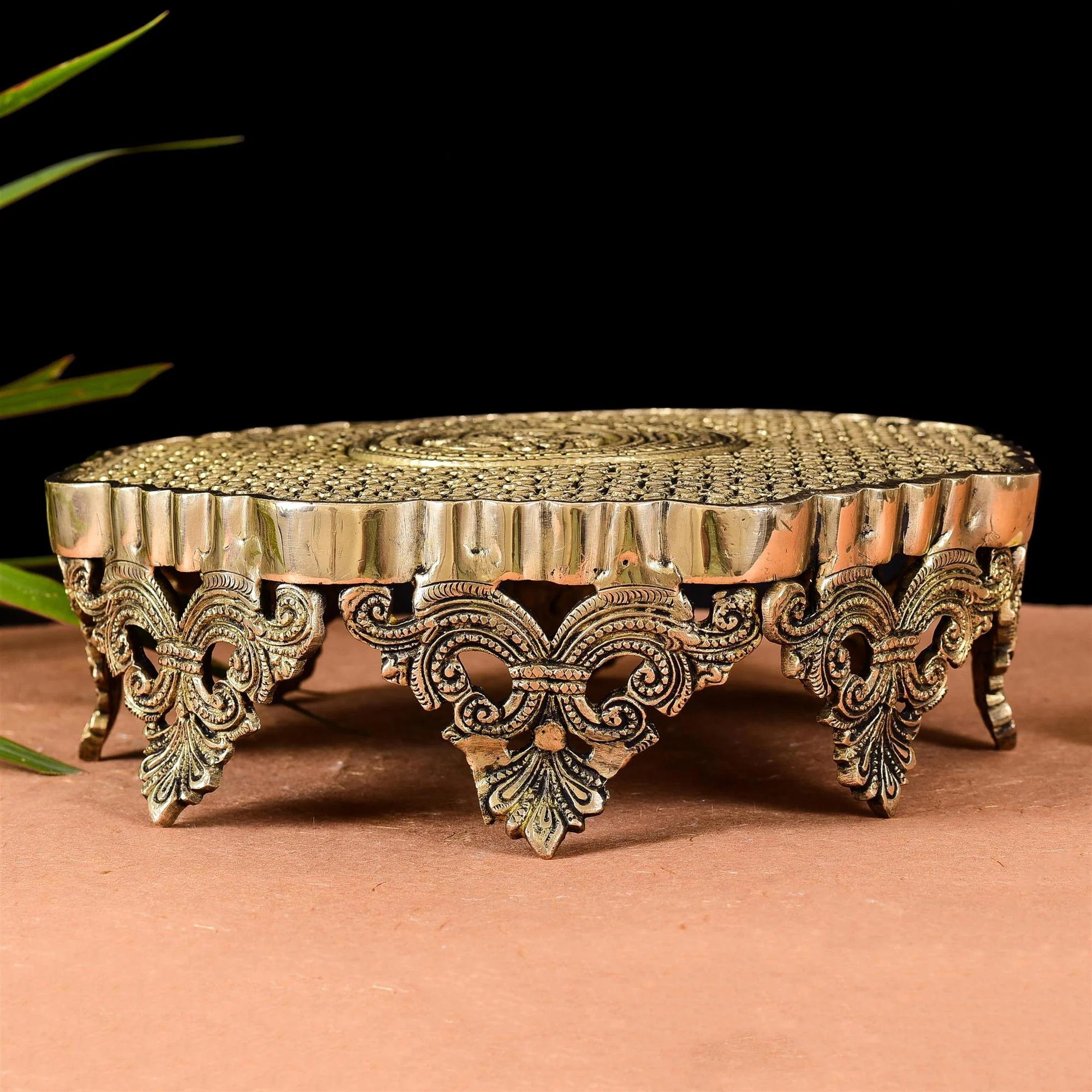 Beautifully Carved Brass Chowki/Stool (3.5 Inch) - Image 3