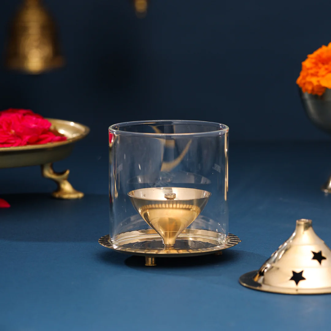 Brass Glass Akhand Jyoti Star Diya (6 Inch) - Image 3