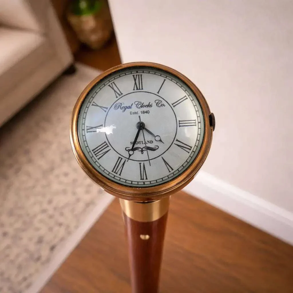 Brass Antique Wooden Walking Stick With Clock/Watch (35.5 Inch) - Image 2