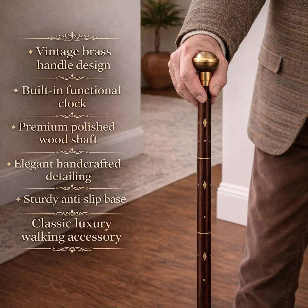 Brass Antique Wooden Walking Stick With Clock/Watch (35.5 Inch) - Image 7