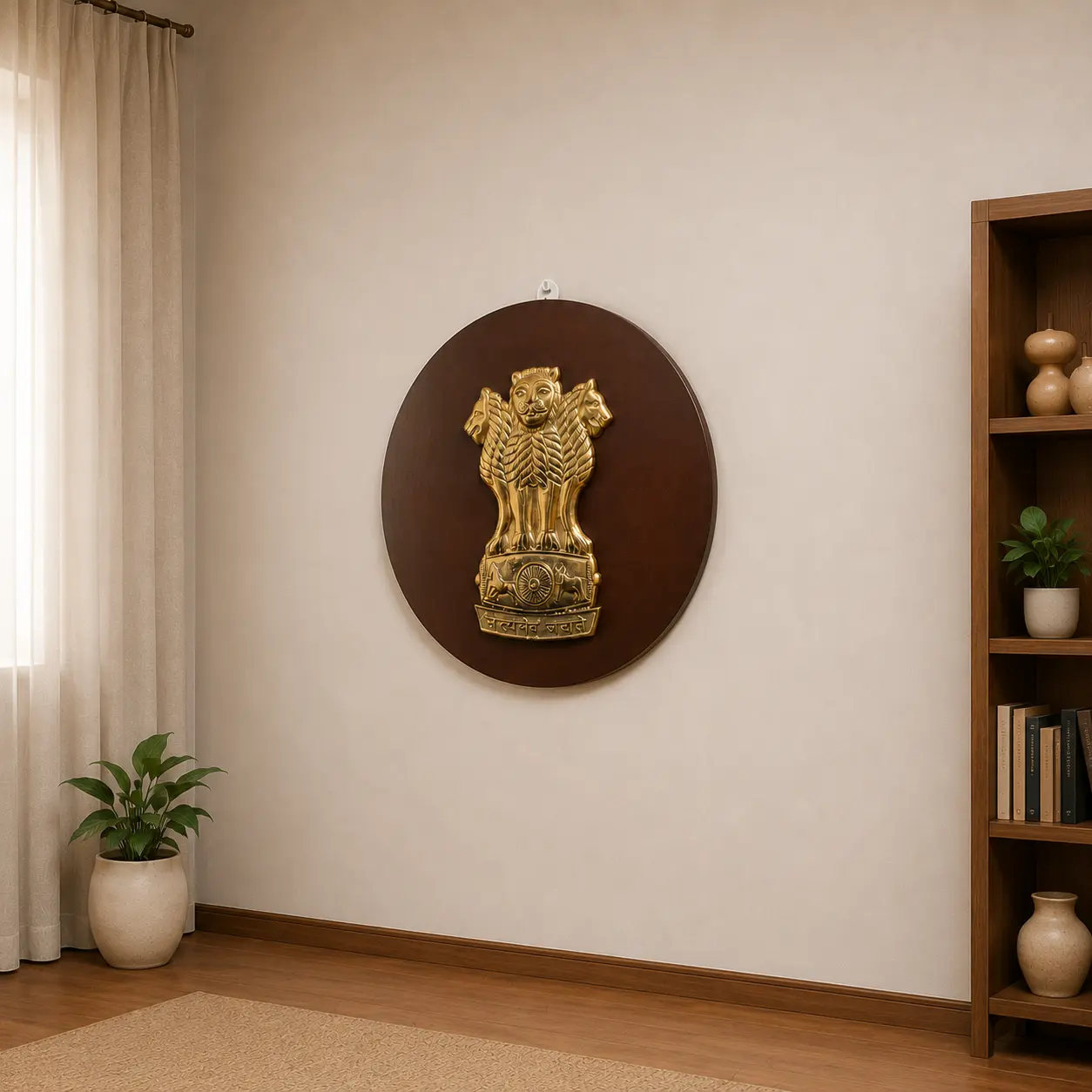 Brass Ashok Stambh With Wooden Base Wall Hanging - Image 3