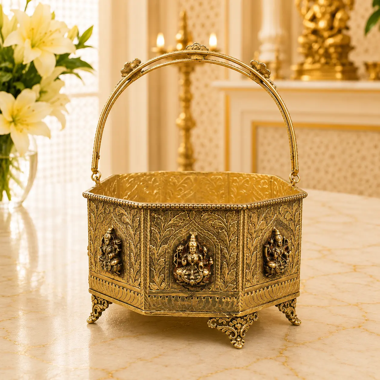 Brass Ashtalakshmi Basket With Handle And Leg (4 Inch)