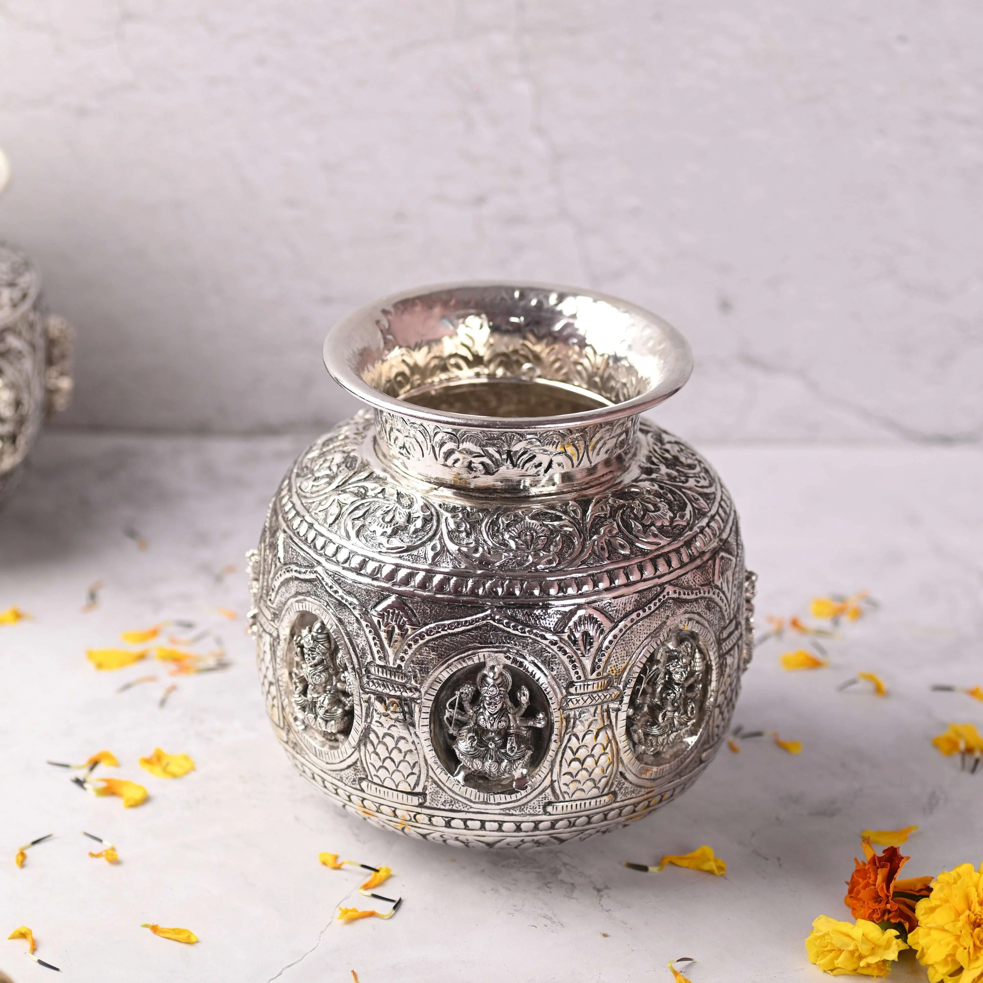Brass Silver Plated Ashtalakshmi Kodam / Kalash (6.5 Inch) - Image 2