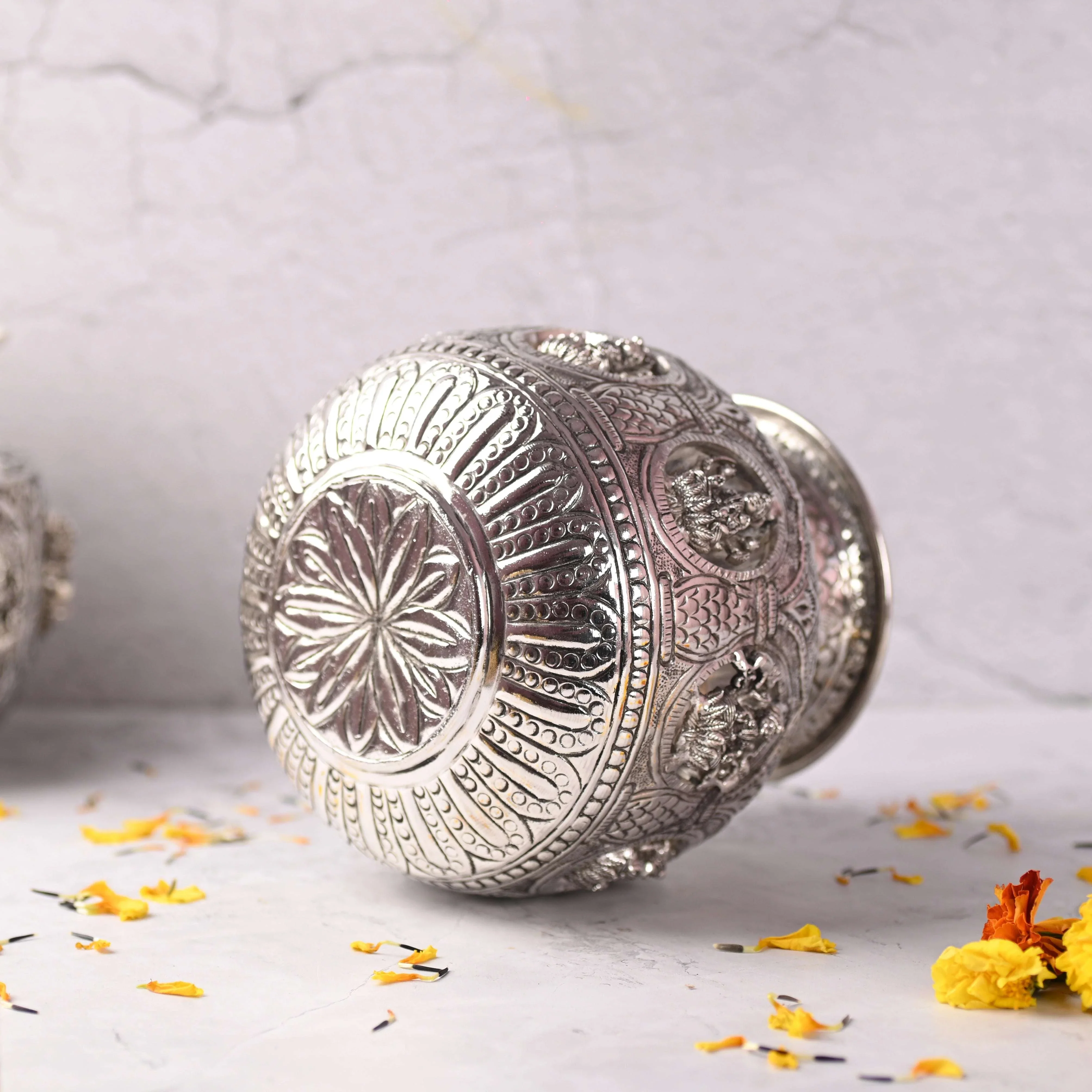 Brass Silver Plated Ashtalakshmi Kodam / Kalash (6.5 Inch) - Image 5