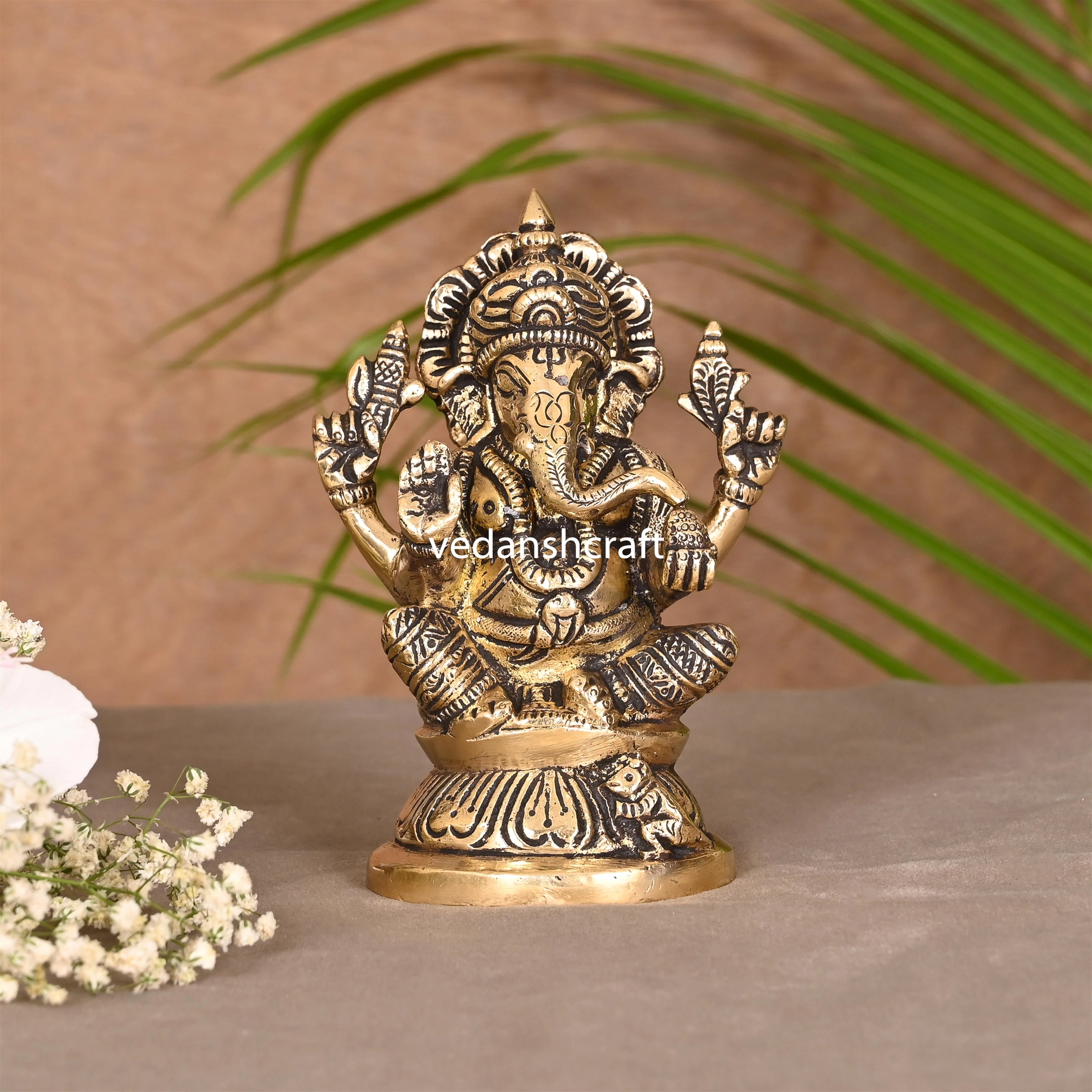 Brass Blessing Sitting Ganesha Idol (4.5 Inch) - Image 2