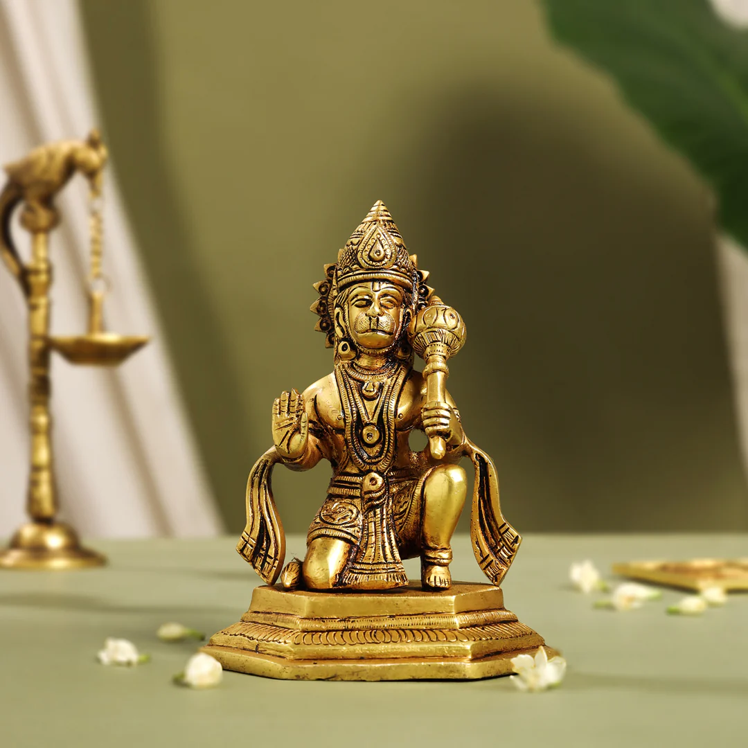 Brass Blessing Sitting Hanuman With Base Idol (6.5 Inch)