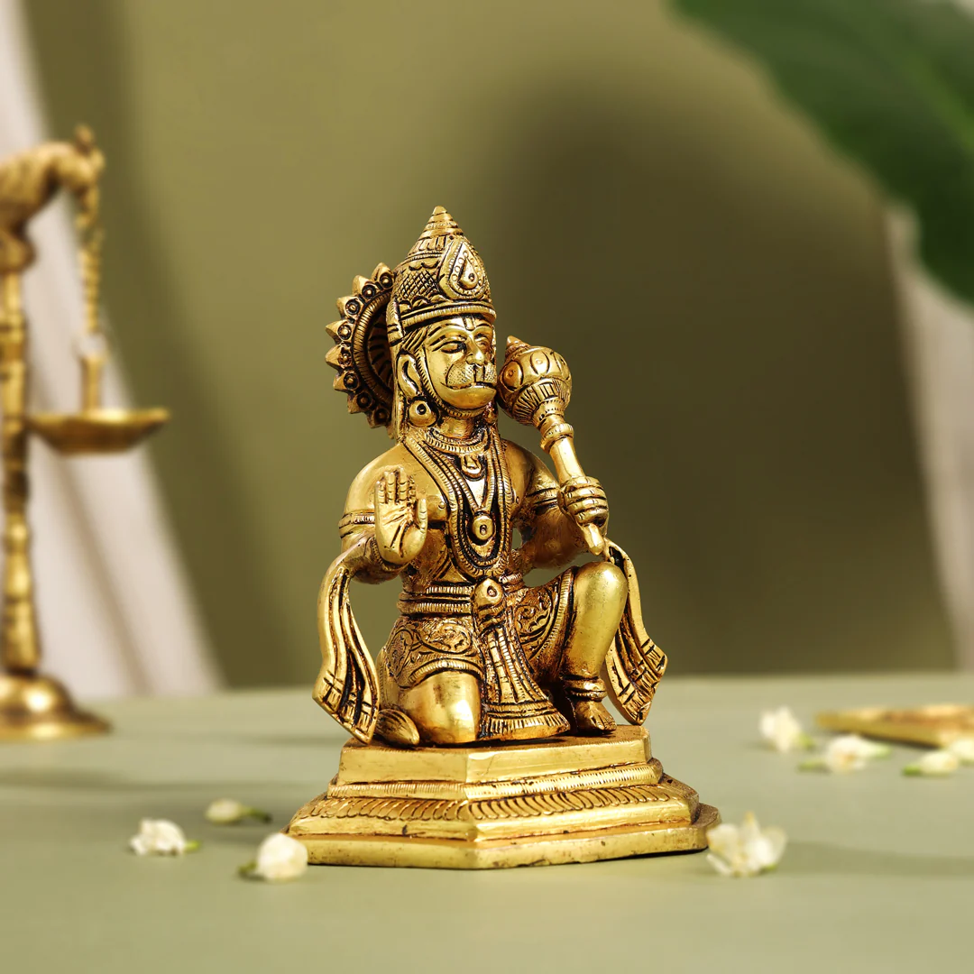 Brass Blessing Sitting Hanuman With Base Idol (6.5 Inch) - Image 2