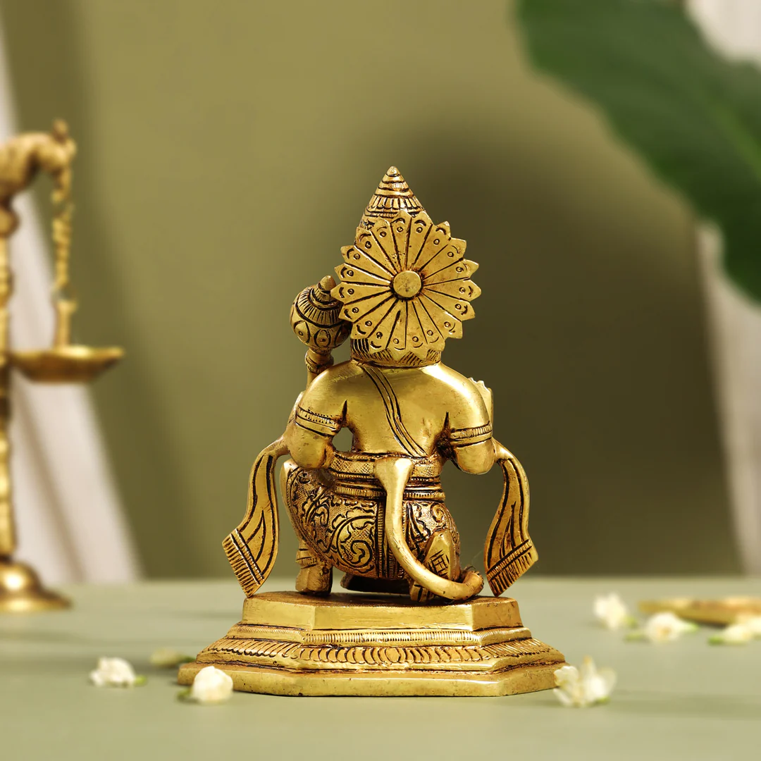 Brass Blessing Sitting Hanuman With Base Idol (6.5 Inch) - Image 3