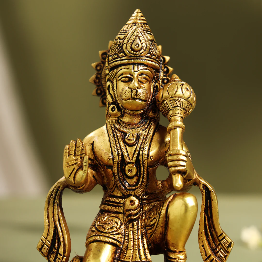 Brass Blessing Sitting Hanuman With Base Idol (6.5 Inch) - Image 4
