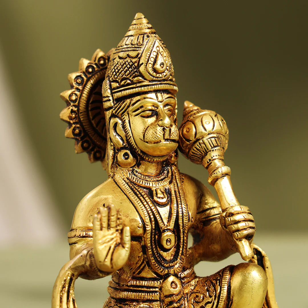 Brass Blessing Sitting Hanuman With Base Idol (6.5 Inch) - Image 5