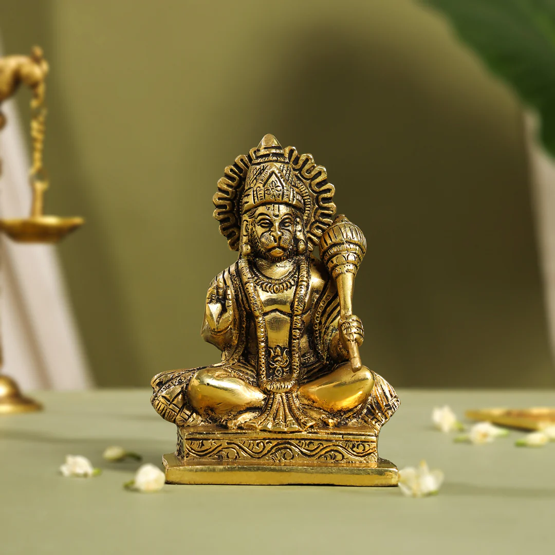 Brass Blessing Sitting Hanuman With Base Idol (6 Inch)