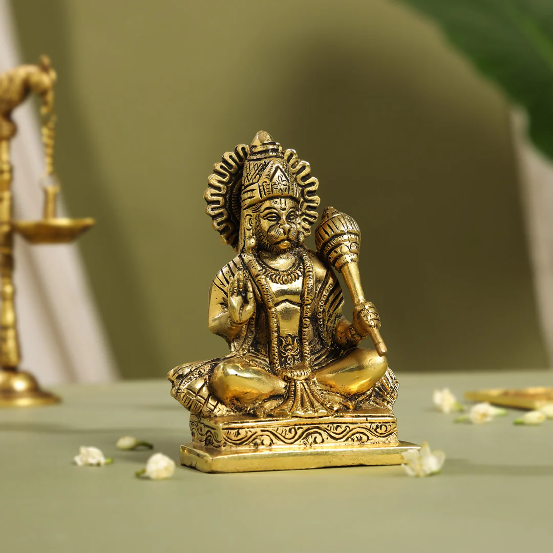 Brass Blessing Sitting Hanuman With Base Idol (6 Inch) - Image 2