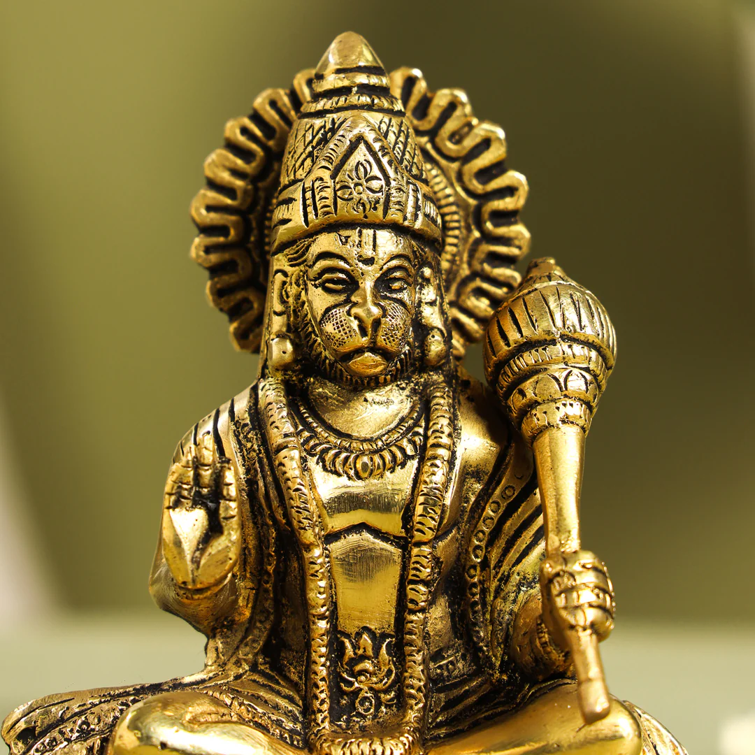 Brass Blessing Sitting Hanuman With Base Idol (6 Inch) - Image 4