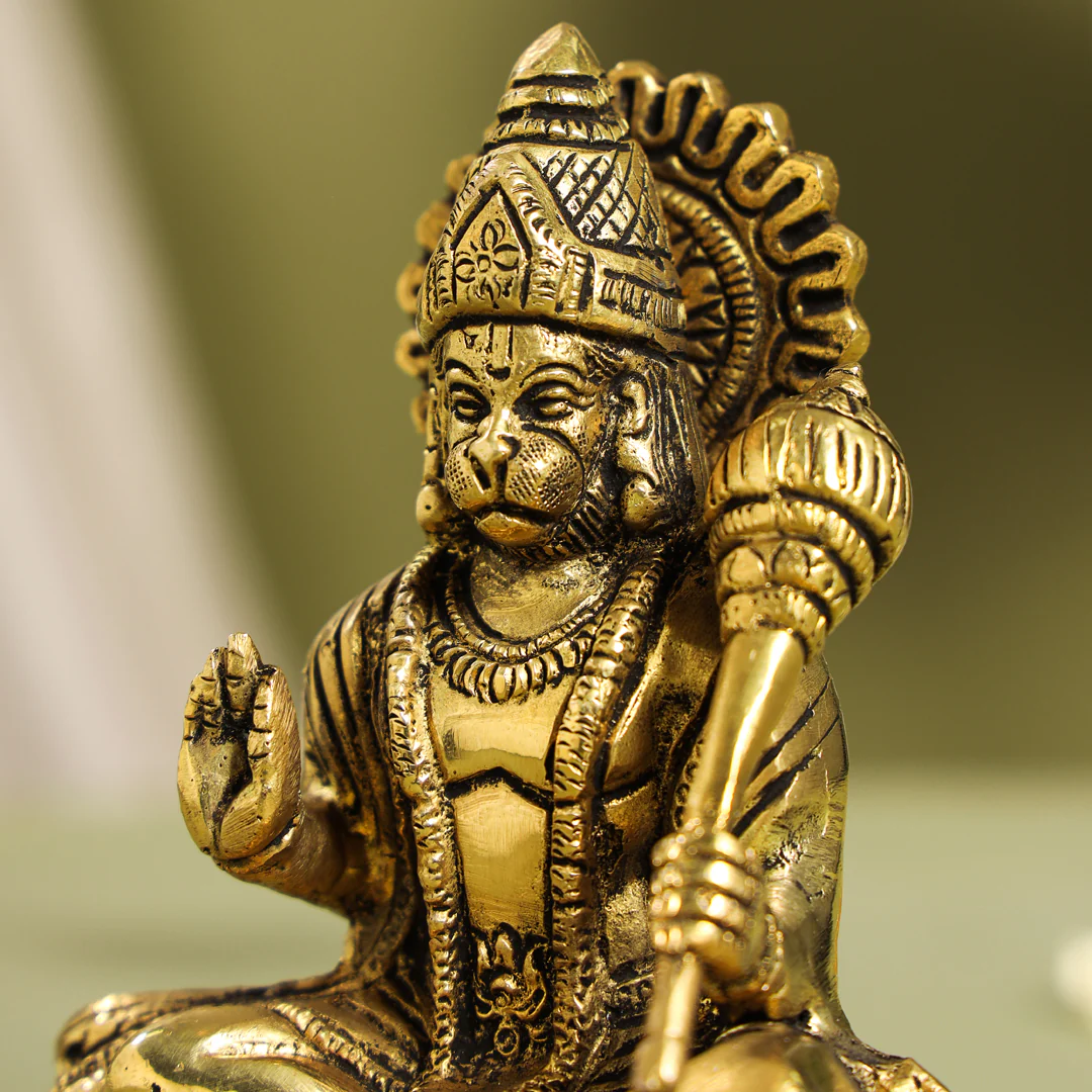 Brass Blessing Sitting Hanuman With Base Idol (6 Inch) - Image 5