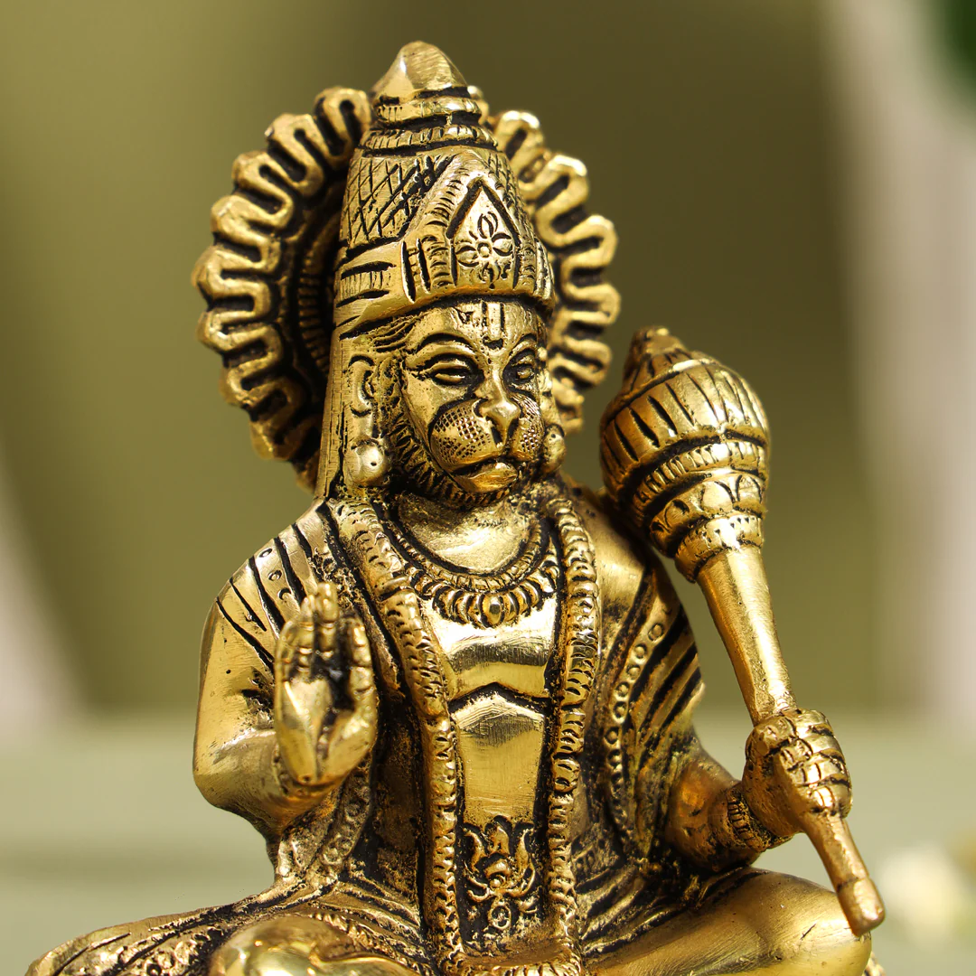 Brass Blessing Sitting Hanuman With Base Idol (6 Inch) - Image 6
