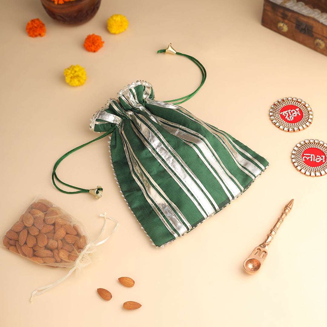 Brass Charan Paduka, Diya & Chowki Gift Festive Potli/Hamper - Image 10