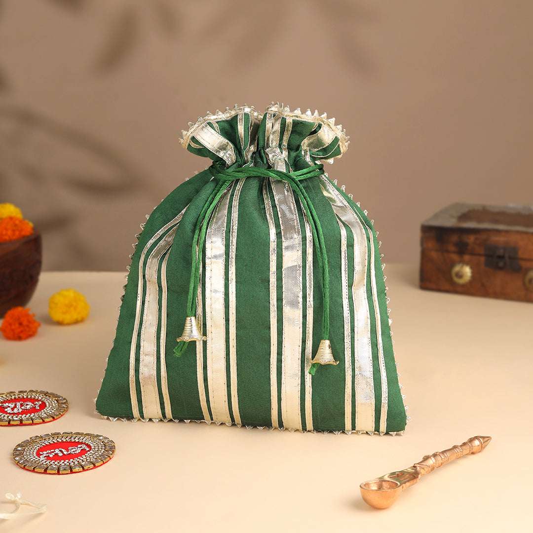 Brass Charan Paduka, Diya & Chowki Gift Festive Potli/Hamper - Image 11