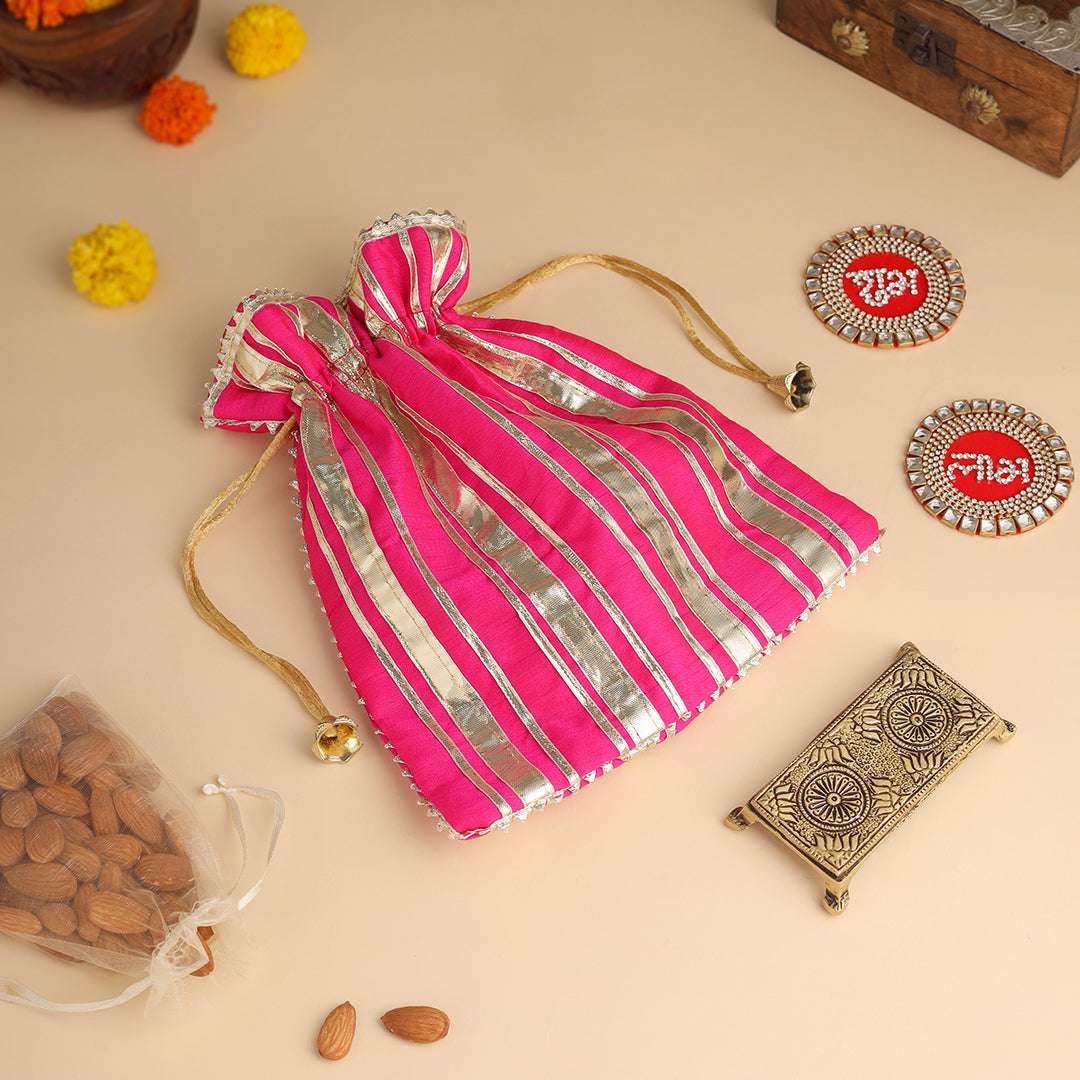 Brass Charan Paduka, Diya & Chowki Gift Festive Potli/Hamper - Image 6