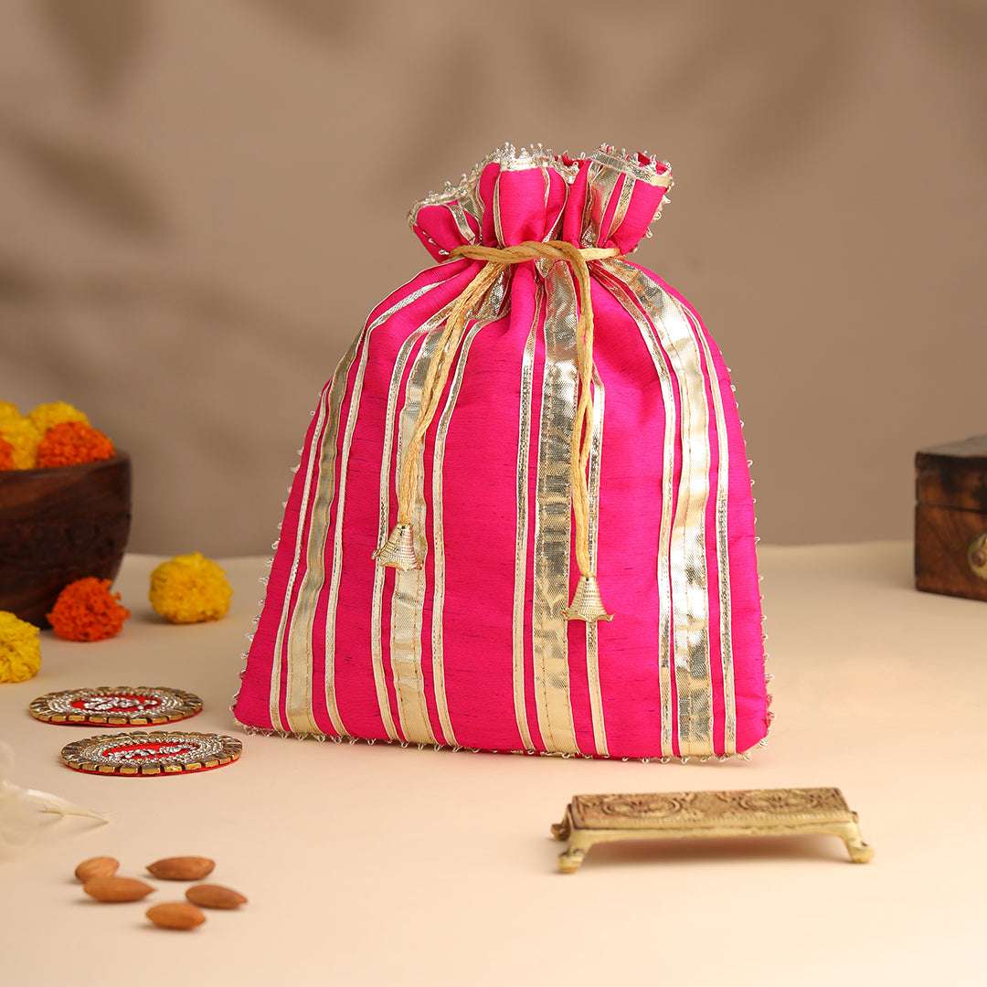 Brass Charan Paduka, Diya & Chowki Gift Festive Potli/Hamper - Image 7