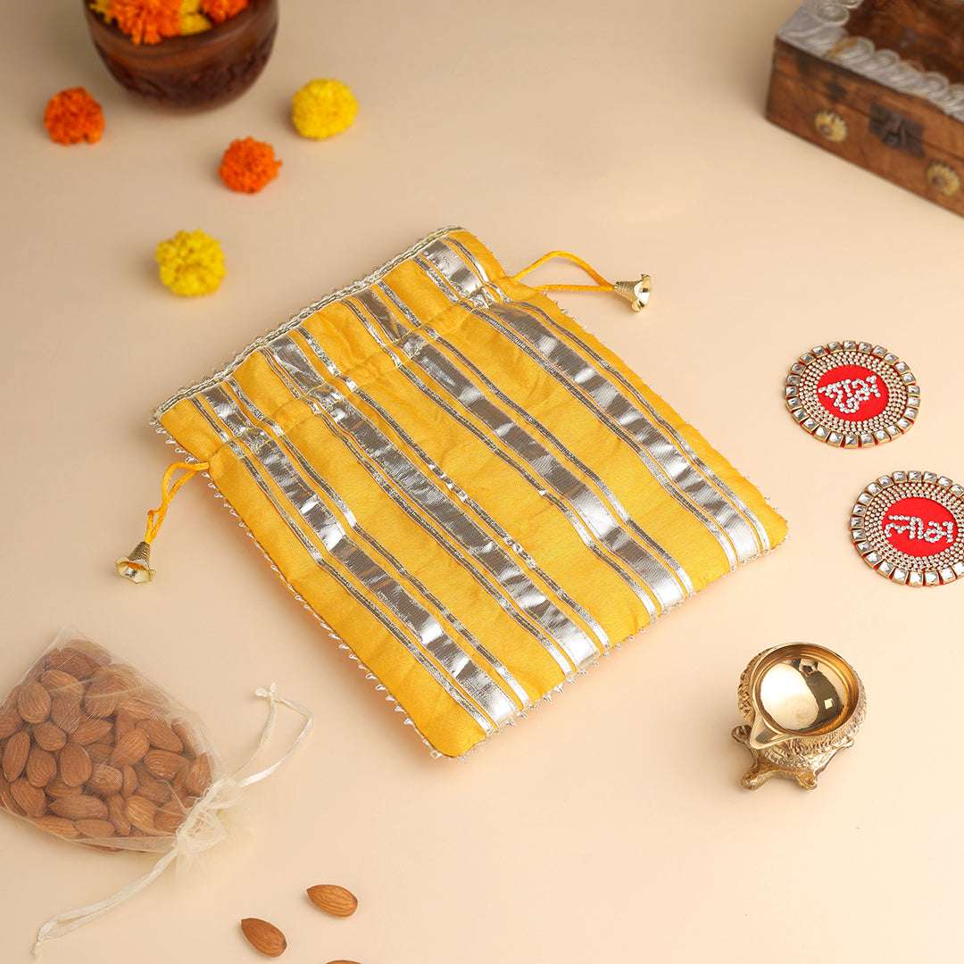 Brass Charan Paduka, Diya & Chowki Gift Festive Potli/Hamper - Image 8