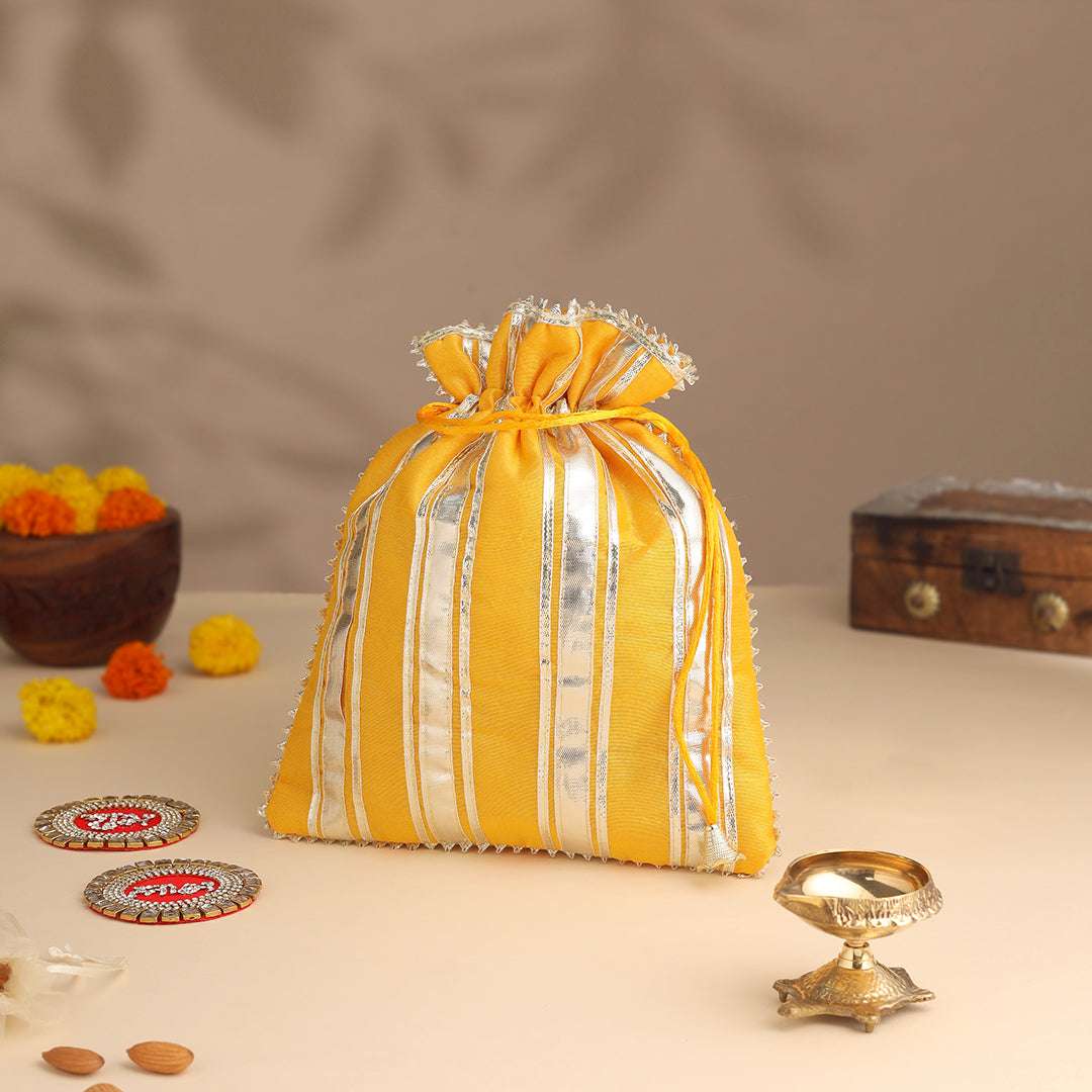 Brass Charan Paduka, Diya & Chowki Gift Festive Potli/Hamper - Image 9