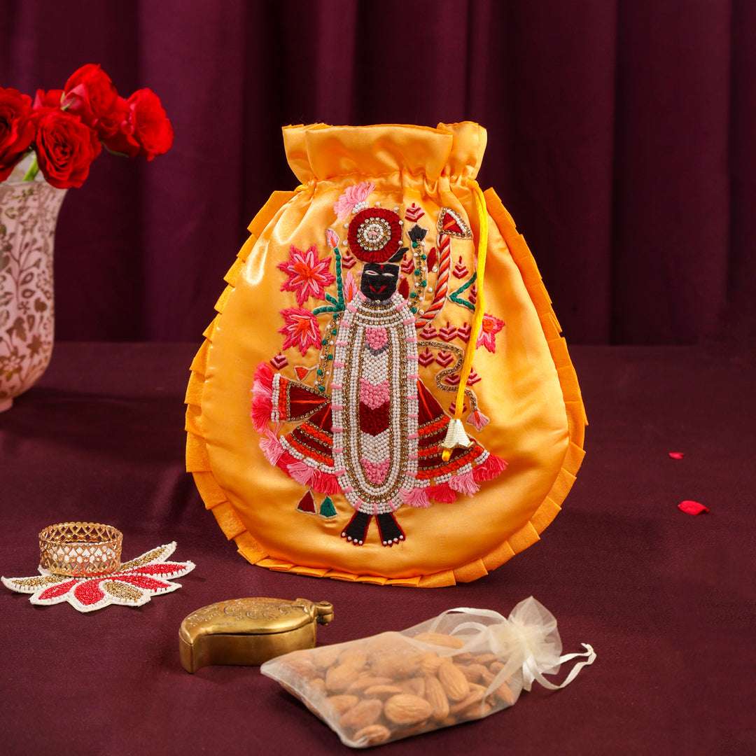 Brass Sindoor Box & Tortoise Diya Shrinathji Festive Potli/Hamper - Image 3