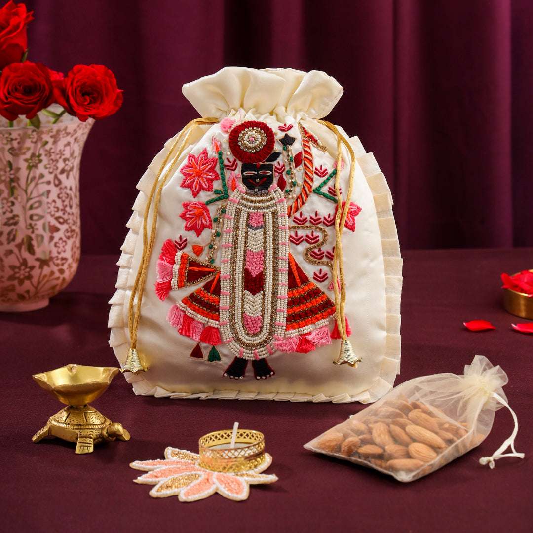 Brass Sindoor Box & Tortoise Diya Shrinathji Festive Potli/Hamper - Image 5