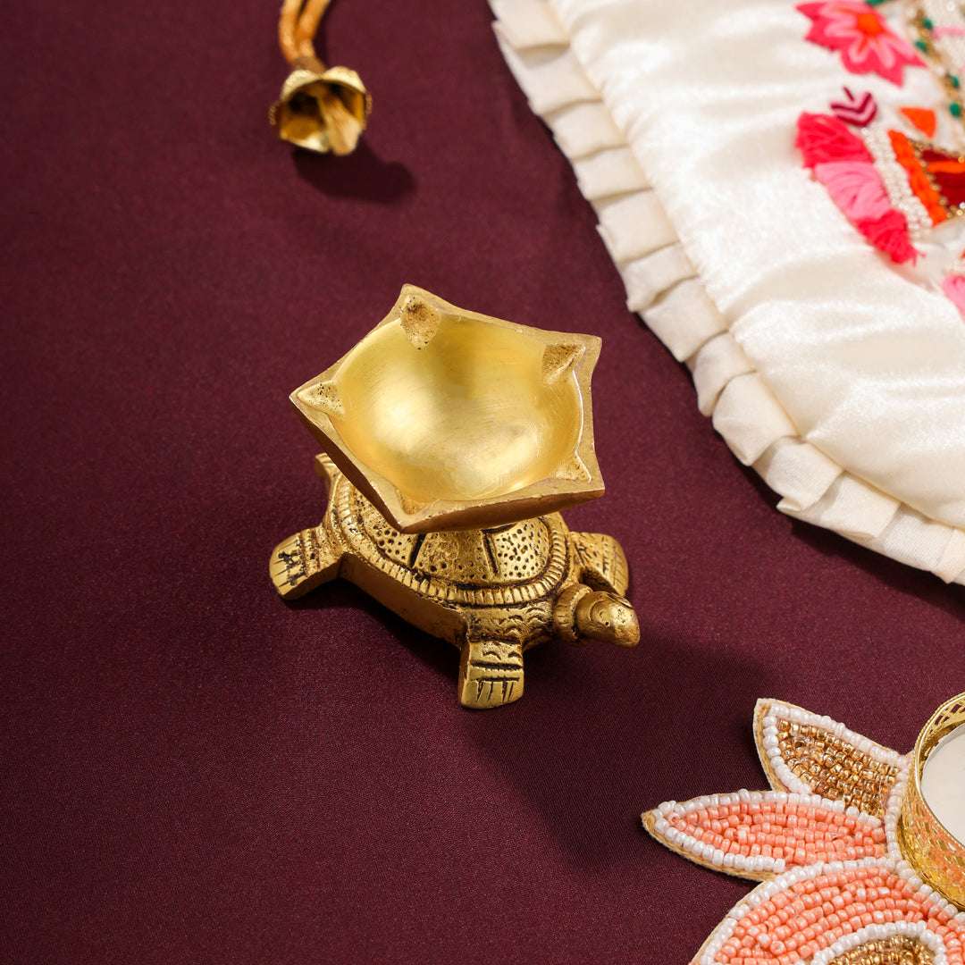 Brass Sindoor Box & Tortoise Diya Shrinathji Festive Potli/Hamper - Image 6