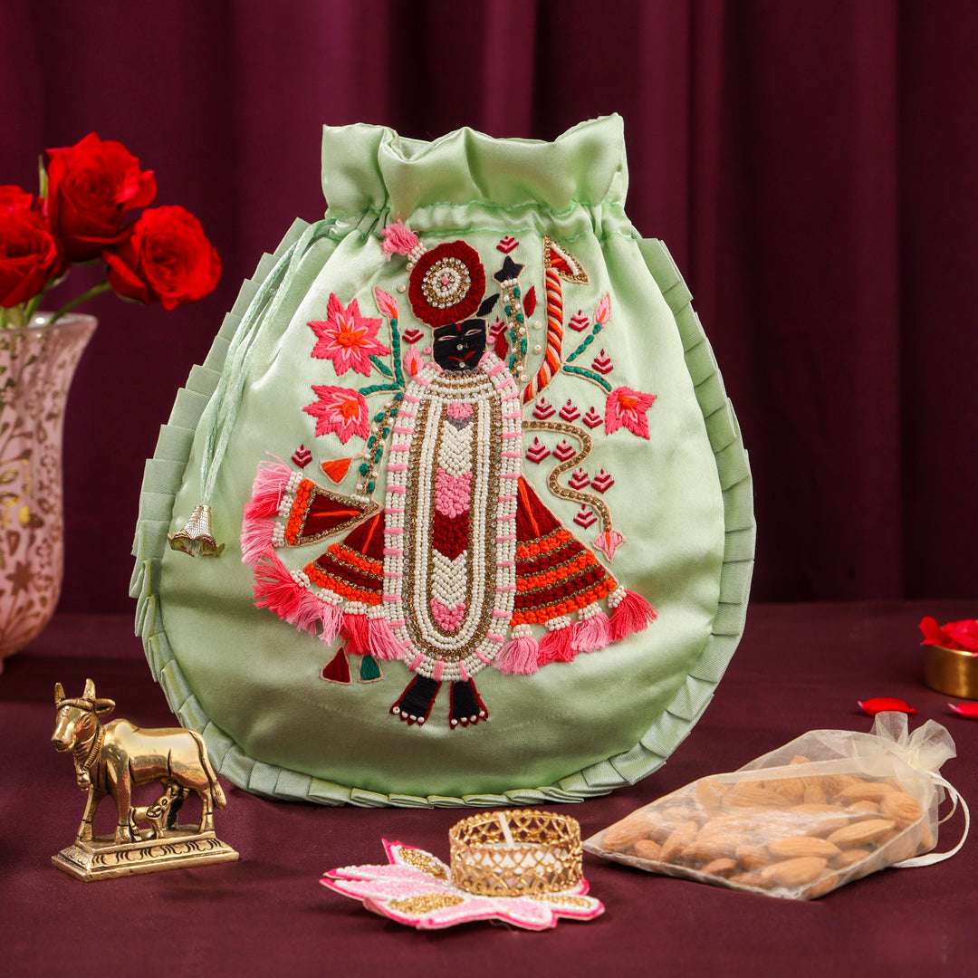 Brass Sindoor Box & Tortoise Diya Shrinathji Festive Potli/Hamper - Image 8