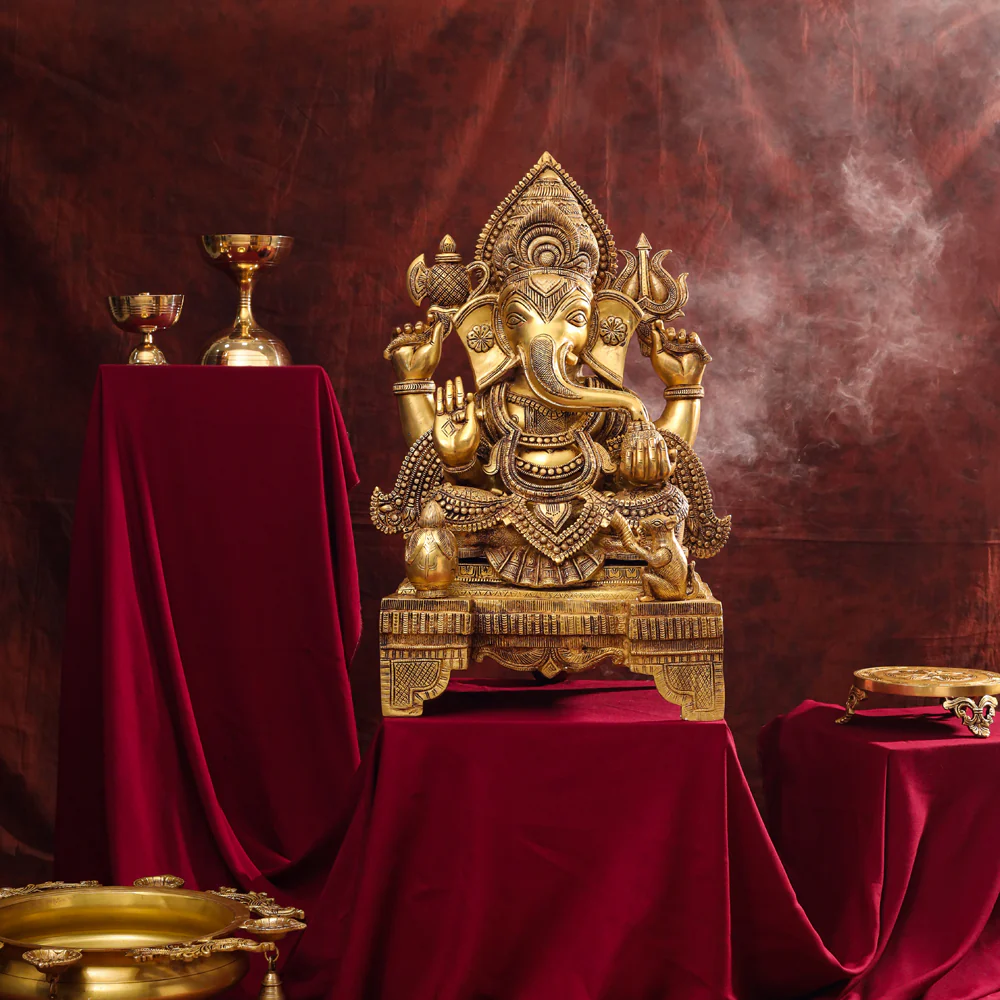 Brass Chowki Sitting Ganesha Statue (26 Inch)