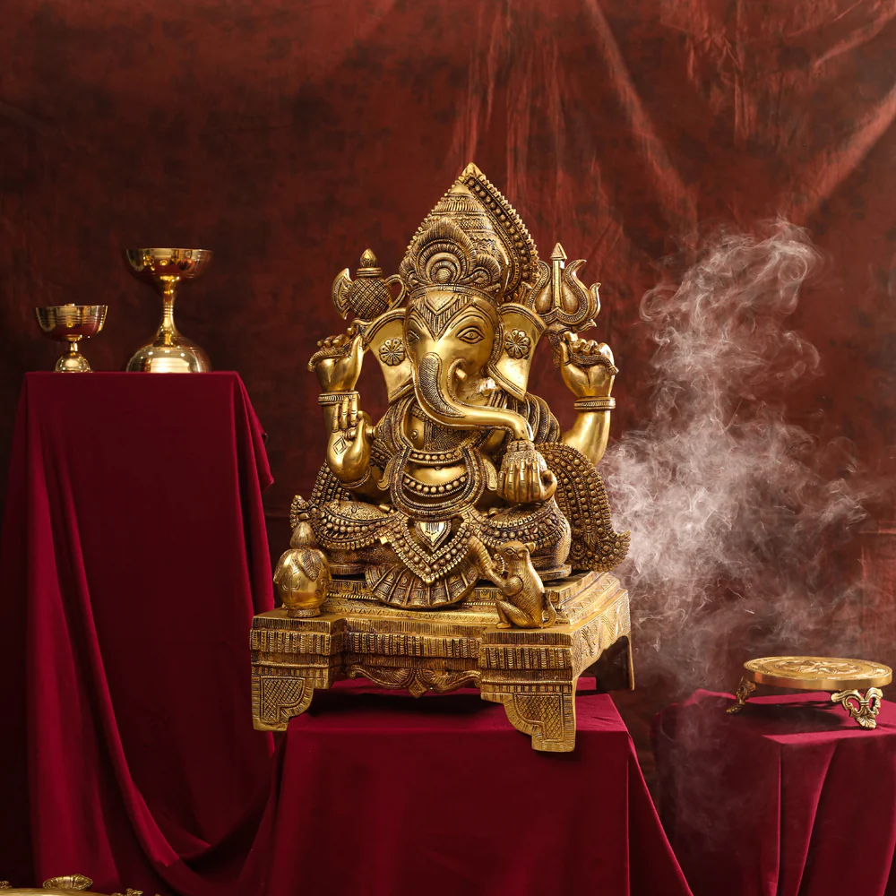 Brass Chowki Sitting Ganesha Statue (26 Inch) - Image 2
