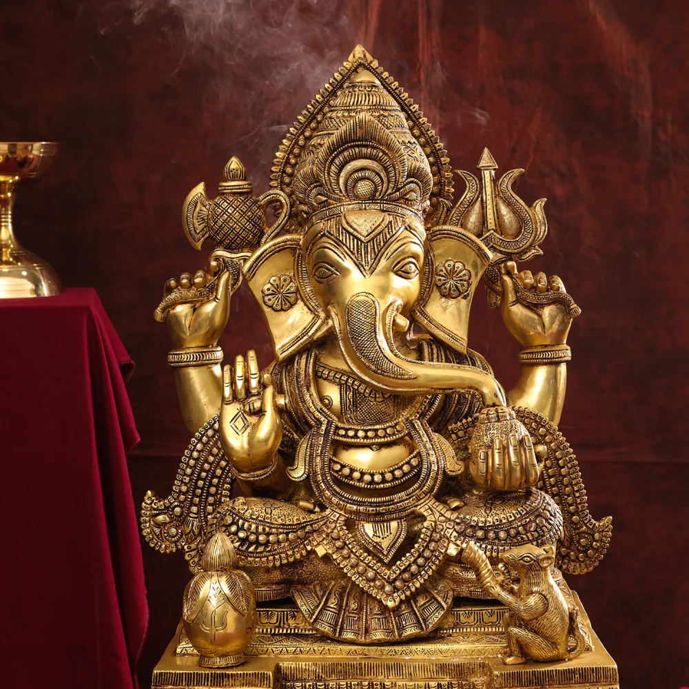Brass Chowki Sitting Ganesha Statue (26 Inch) - Image 4
