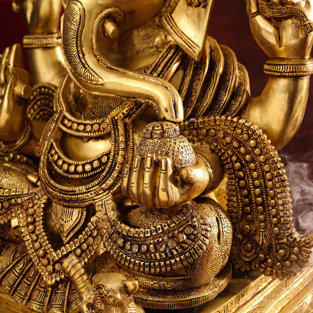 Brass Chowki Sitting Ganesha Statue (26 Inch) - Image 6