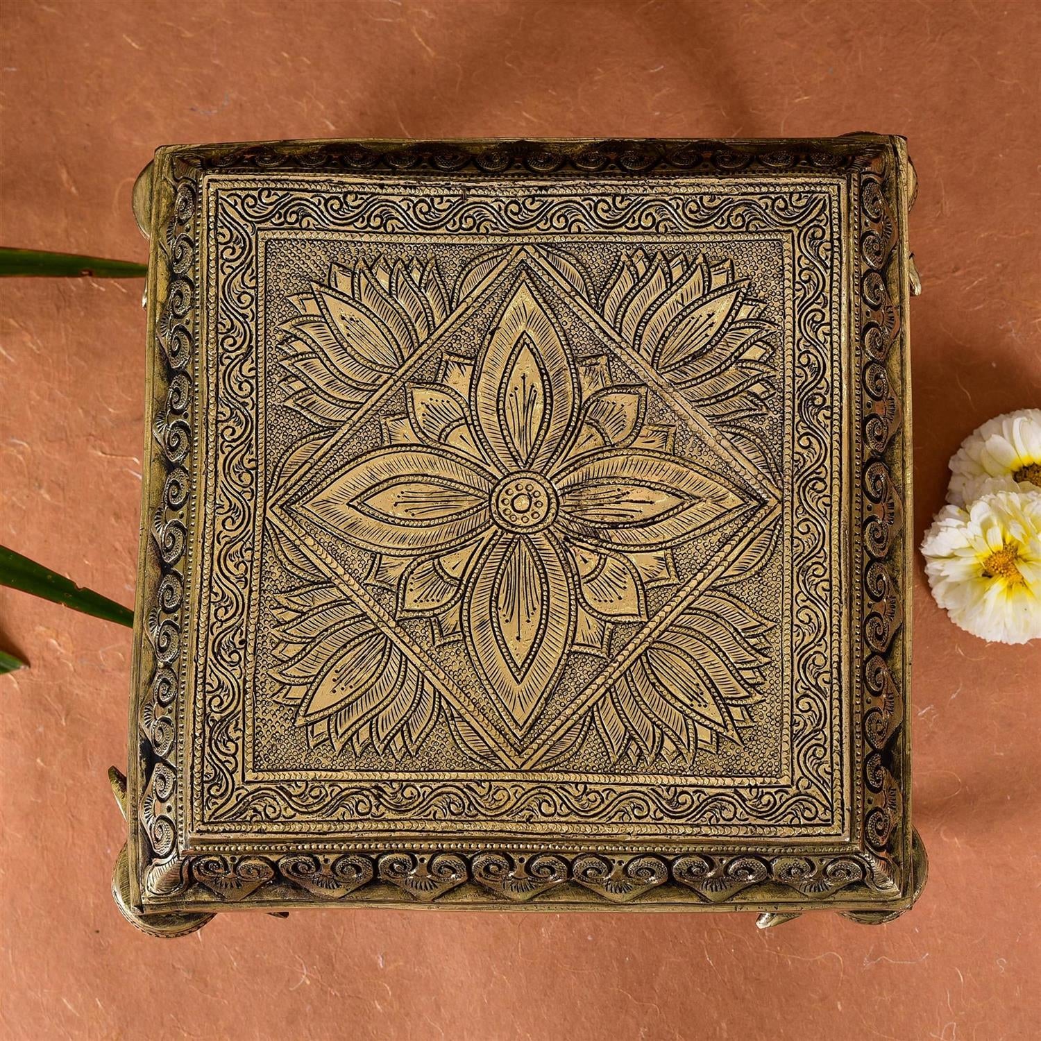 Brass Chowki With Elephant Pillars (5 Inch) - Image 2