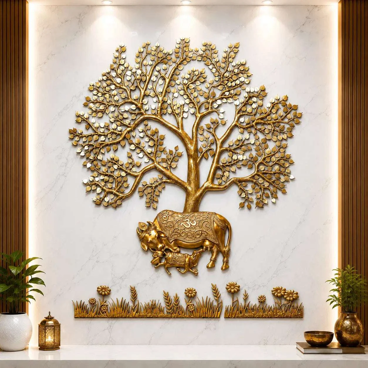 Brass Cow & Calf With Kalpvriksha Tree Wall Hanging (80 Inch)