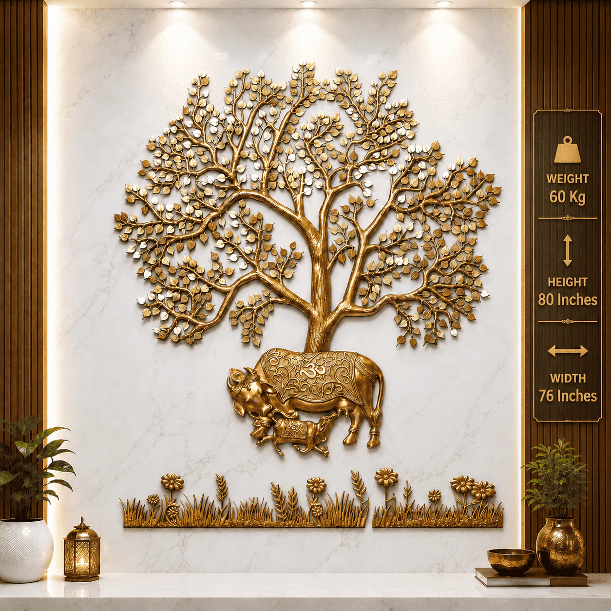 Brass Cow & Calf With Kalpvriksha Tree Wall Hanging (80 Inch) - Image 6
