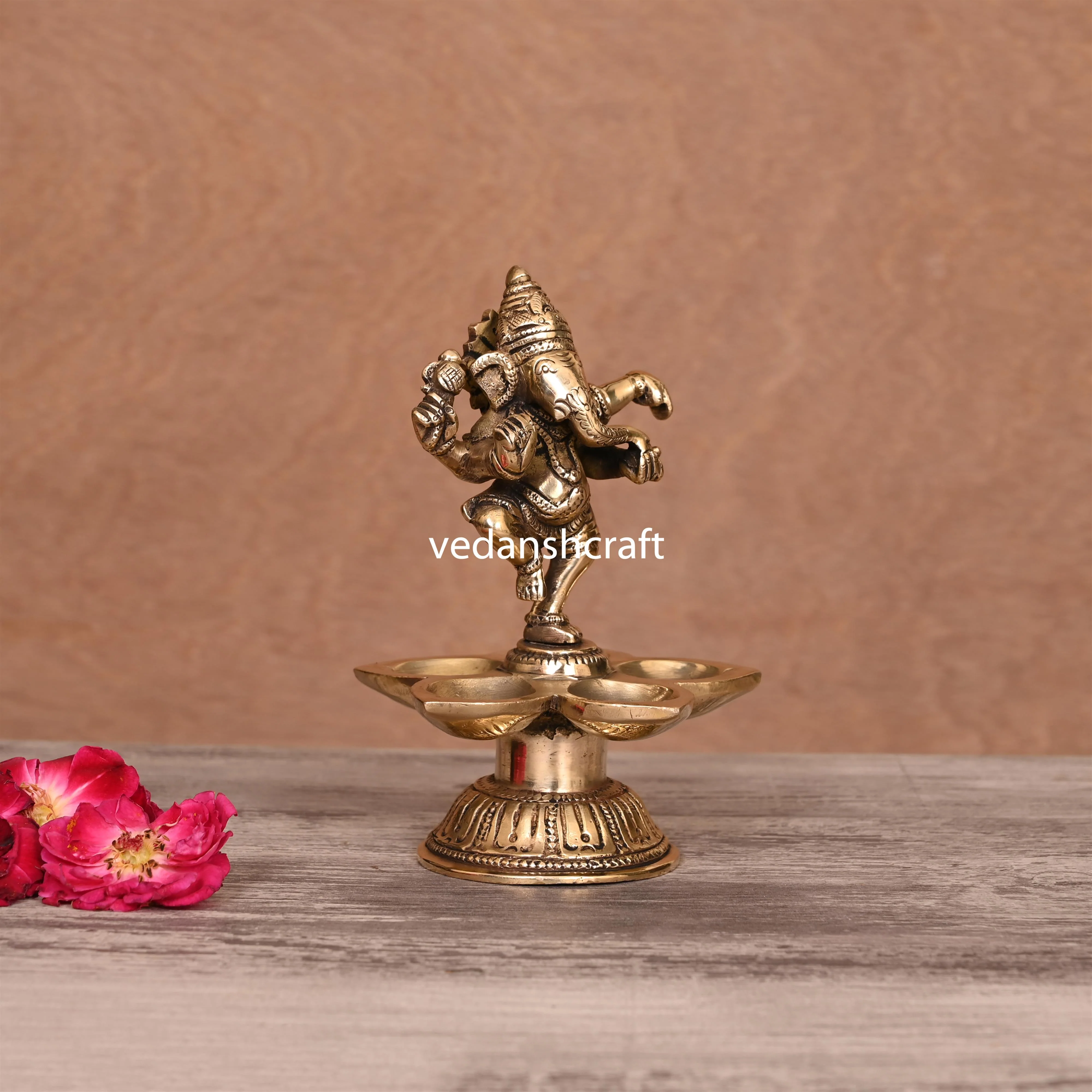 Brass Dancing Ganesha Five Petal Diya (5.5 Inch) - Image 2
