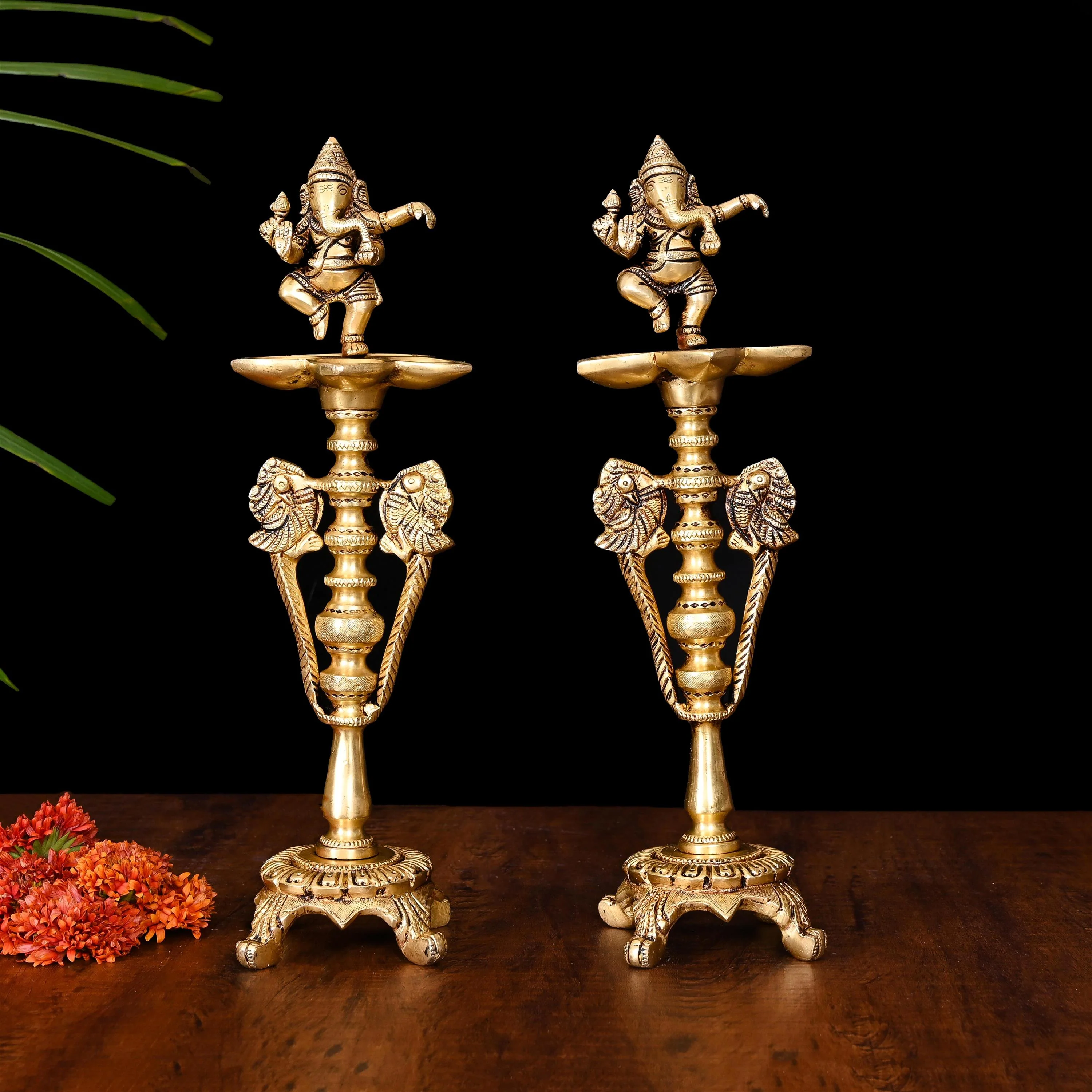 Brass Dancing Ganesha Five Petal Lamp Pair (12 Inch) - Image 3