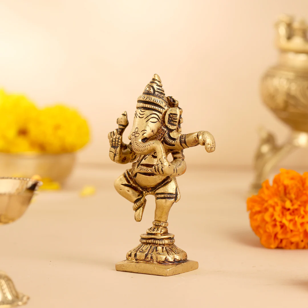 Brass Dancing Ganesha Idol (4 Inch) - Image 2