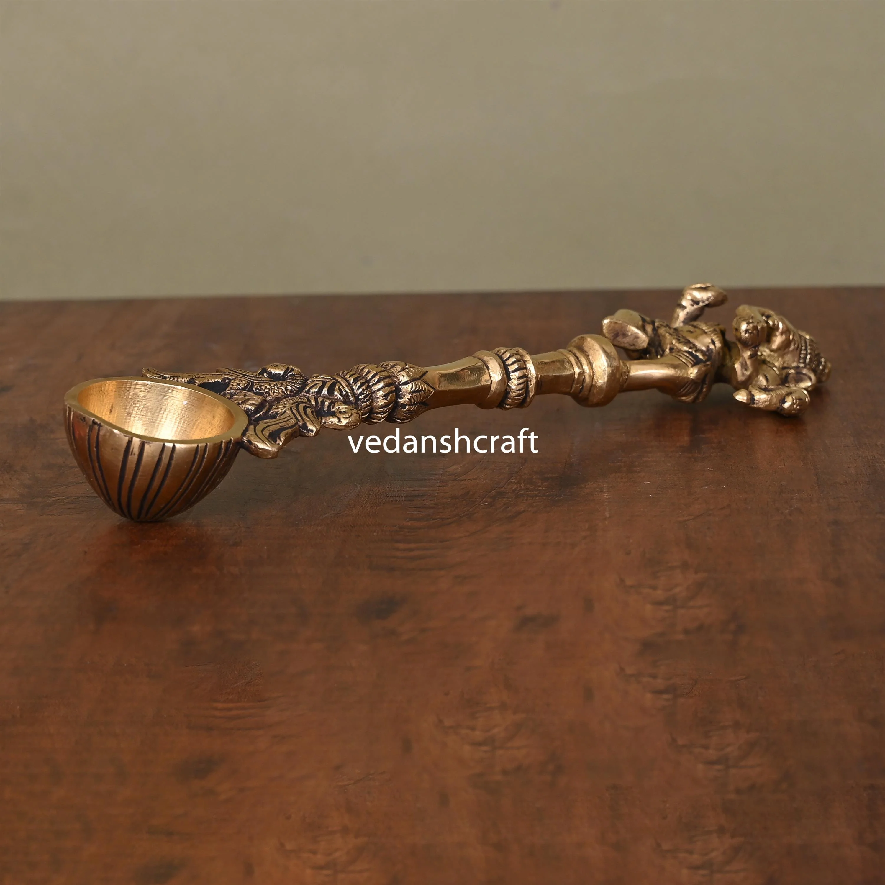 Brass Dancing Ganesha Peacock Ahuti Spoon - Image 2