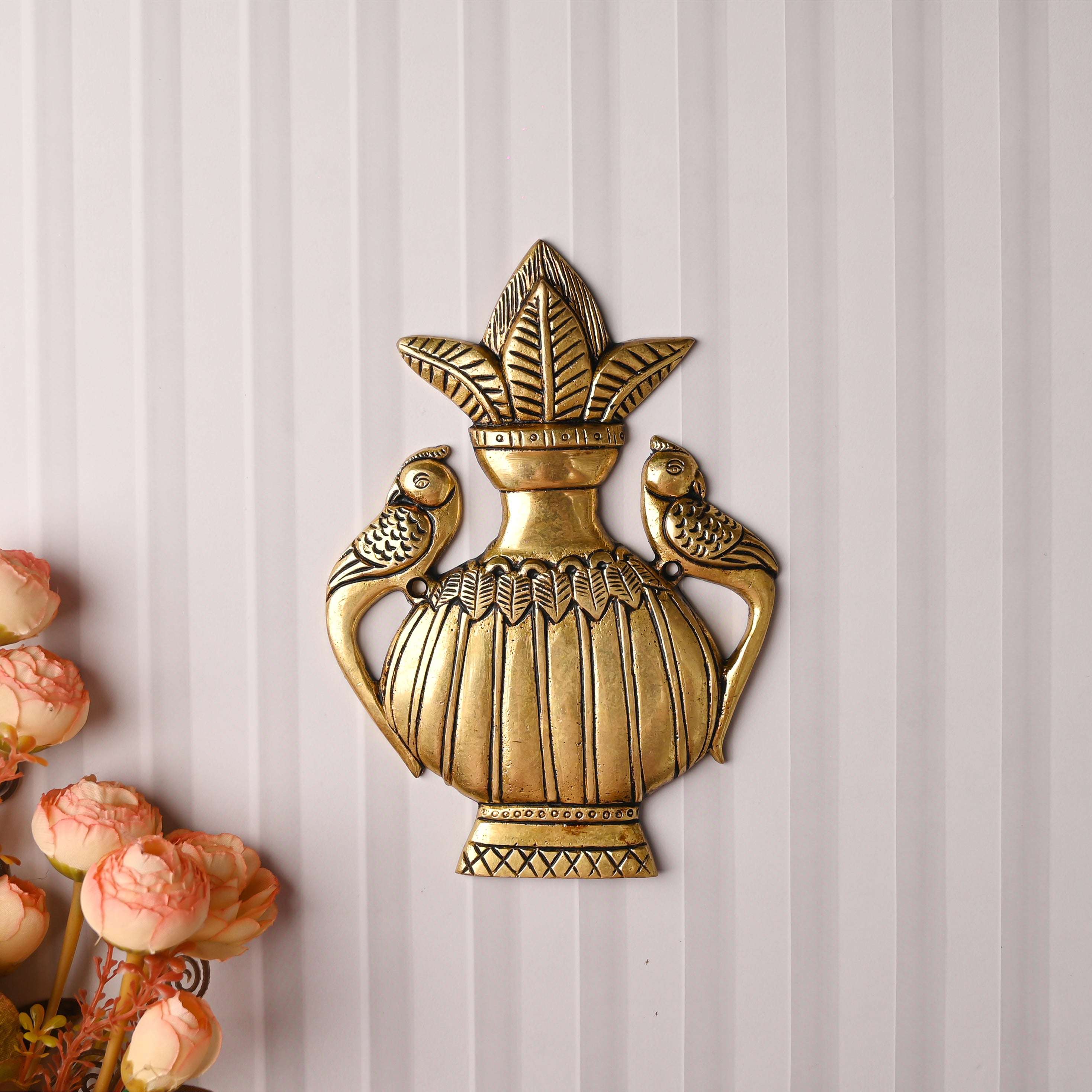 Brass Decor Peacock Wall Hanging Kalash (8 Inch)