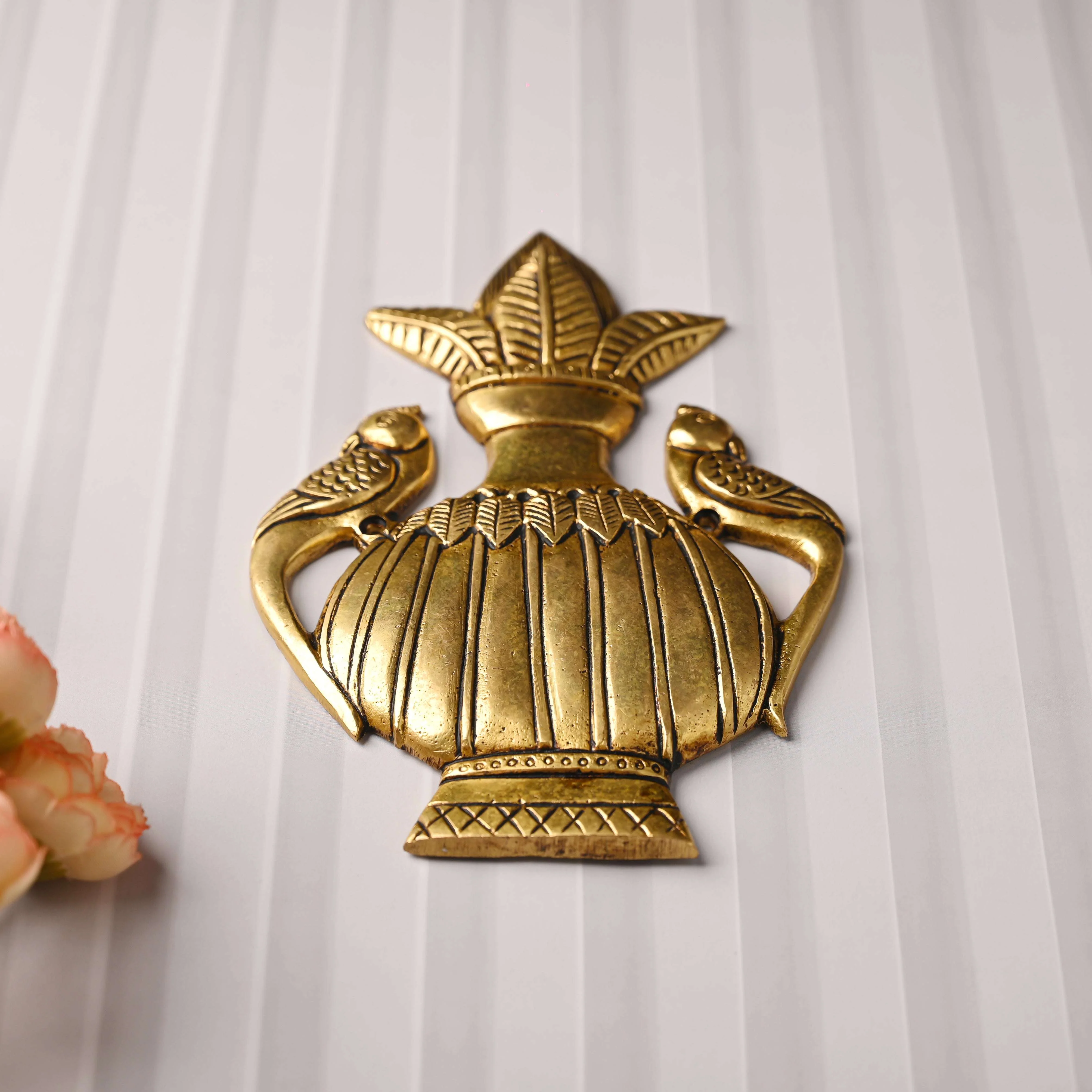 Brass Decor Peacock Wall Hanging Kalash (8 Inch) - Image 3