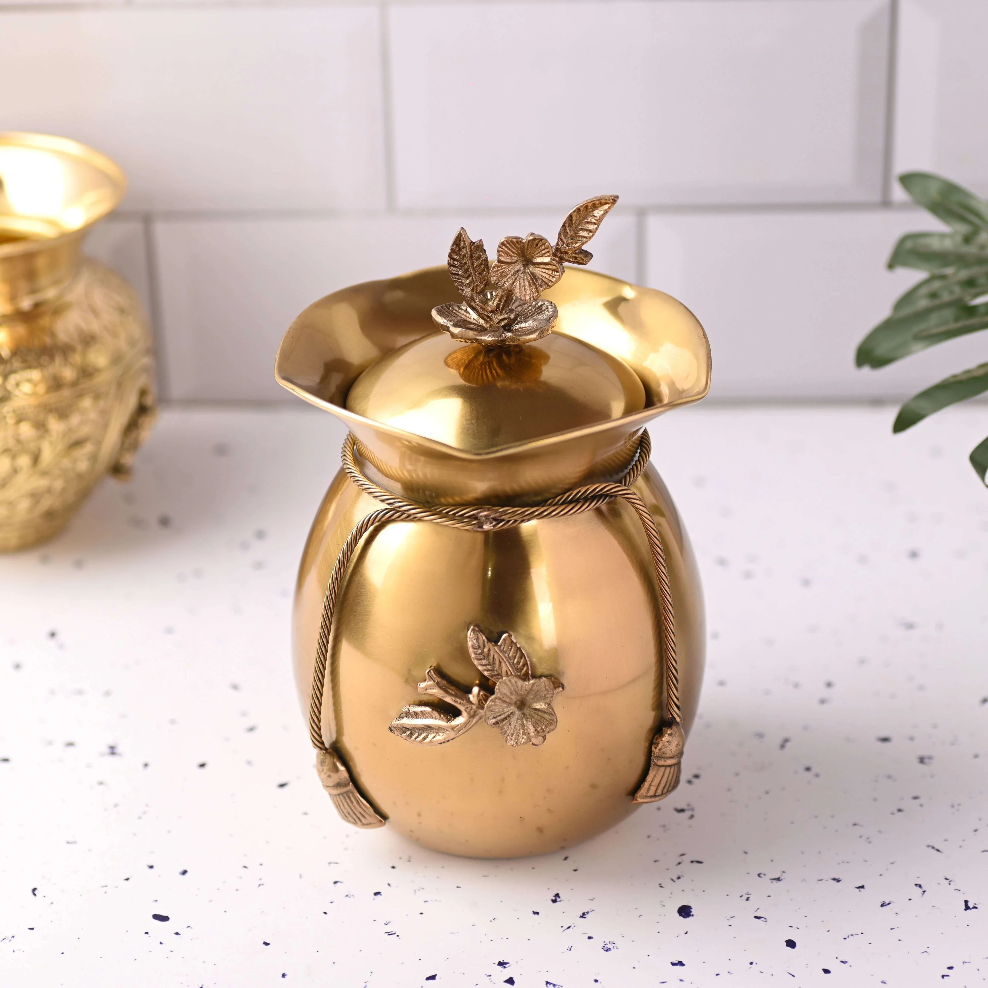 Brass Decorative Jar with Lid Neck Ribbon Bow Design - Image 2