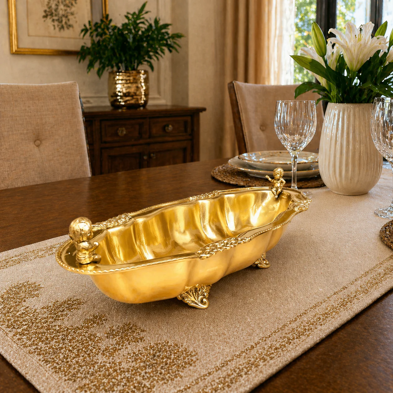 Brass Decorative Oval Serving Fruit, Dish Bowl - Image 3