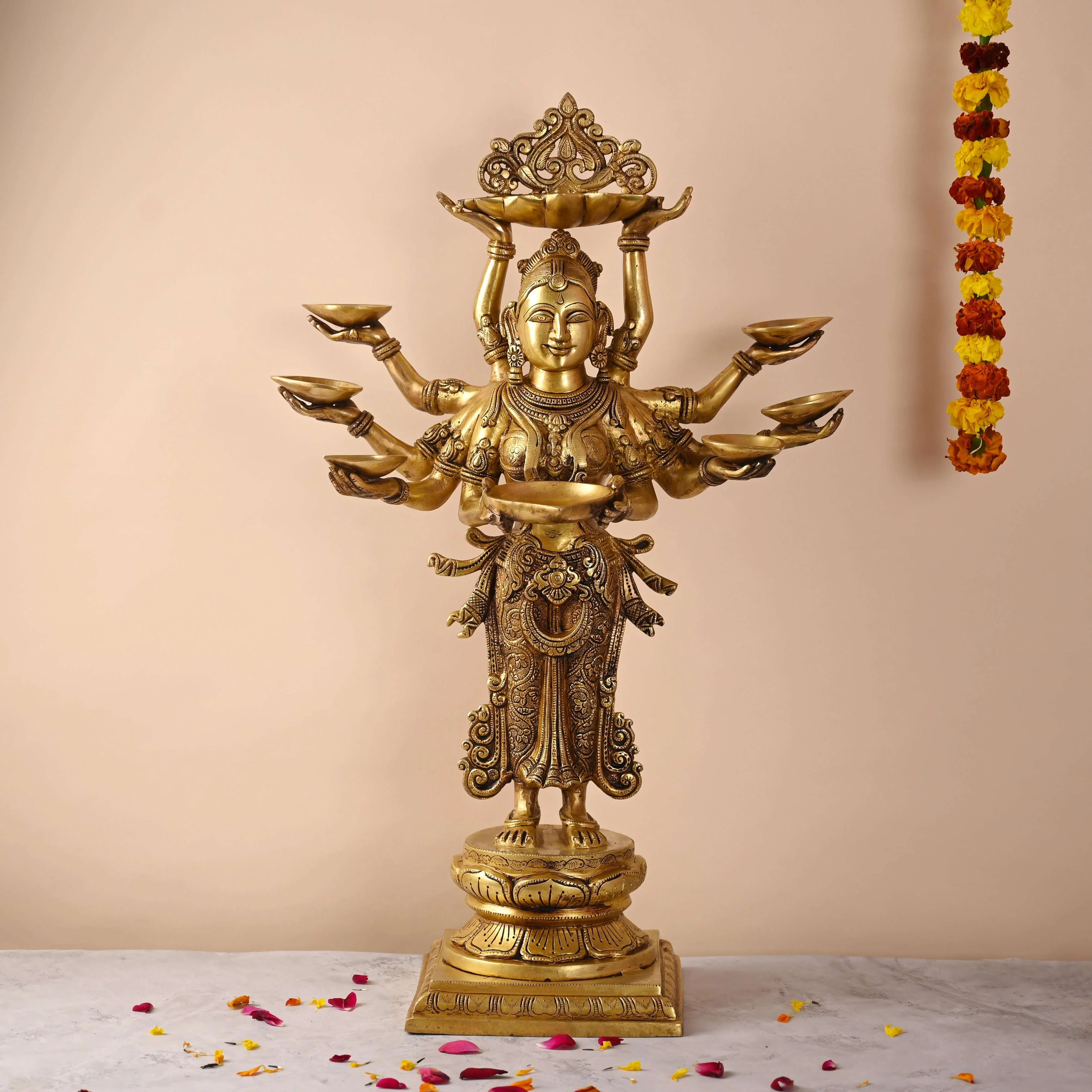 Brass Deep Standing Lakshmi with Ten Arms (13.5 Inch)