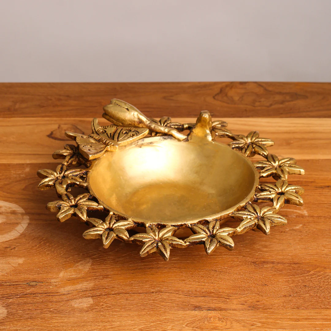 Brass Designer Flower And Butterfly Urli (3 Inch) - Image 3
